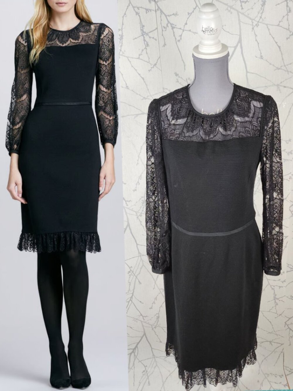 Tory Burch Black Wool Blend Lace Panel Tiana Midi Dress